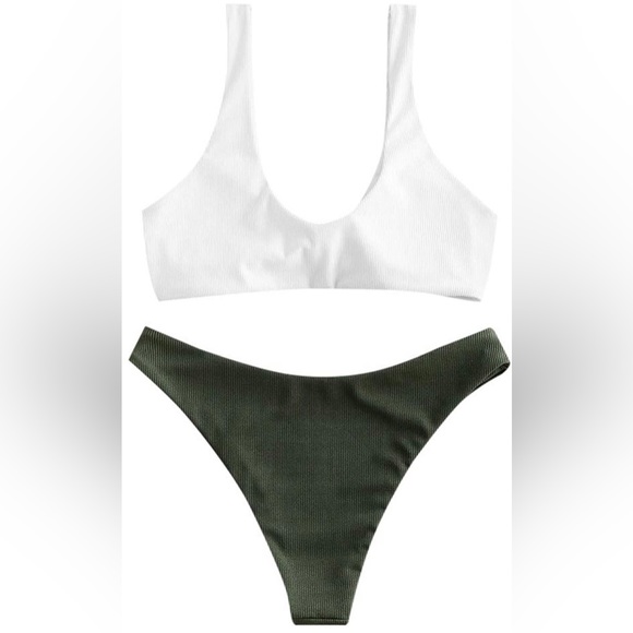 ZAFUL Women's Tie Knot Front Plunge Scoop Neck Bikini Set Two Piece Swimsuit - Picture 2 of 8